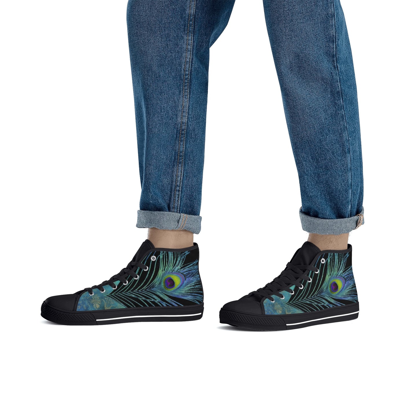 Teal Peacock Feather Mens High Top Canvas Shoes