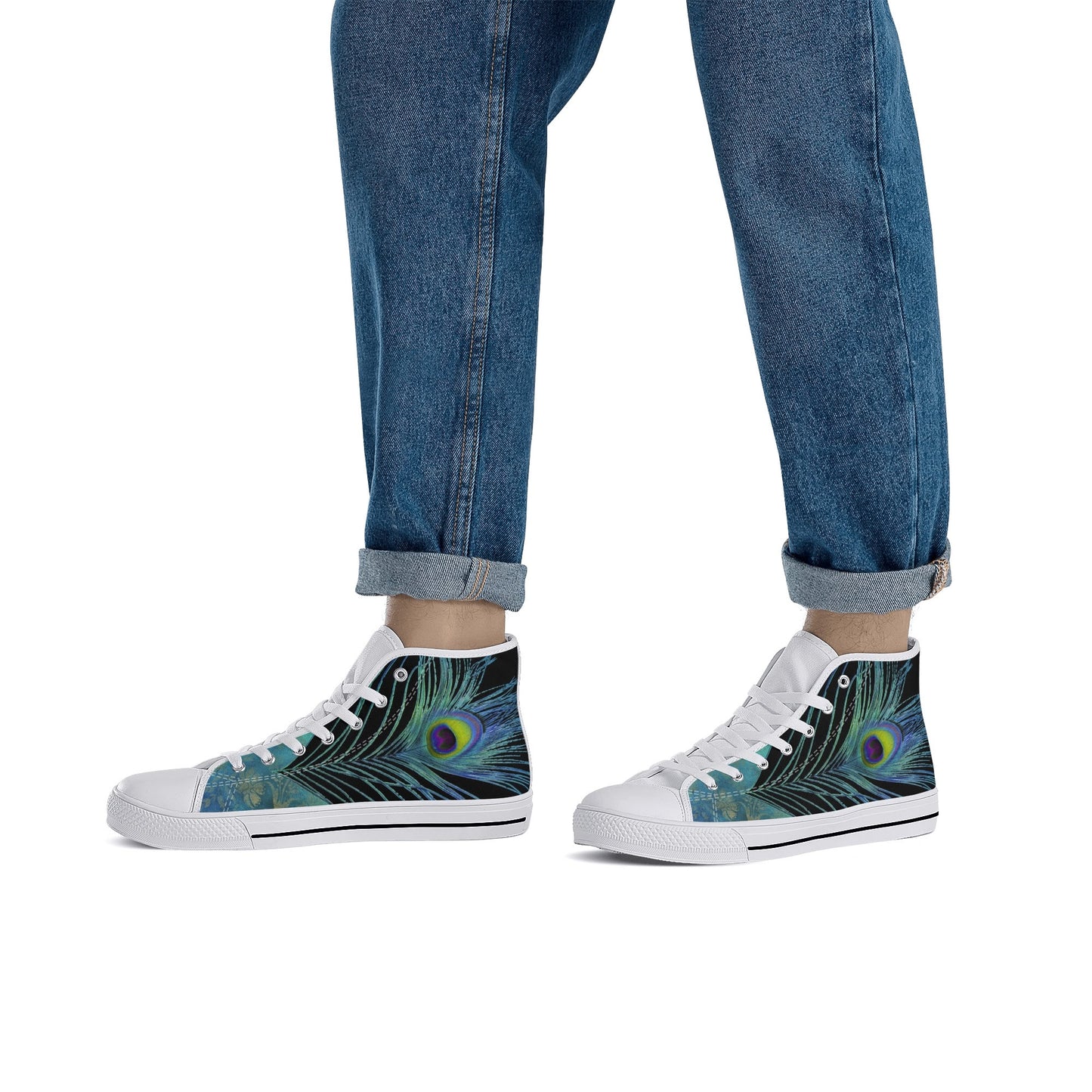 Teal Peacock Feather Mens High Top Canvas Shoes