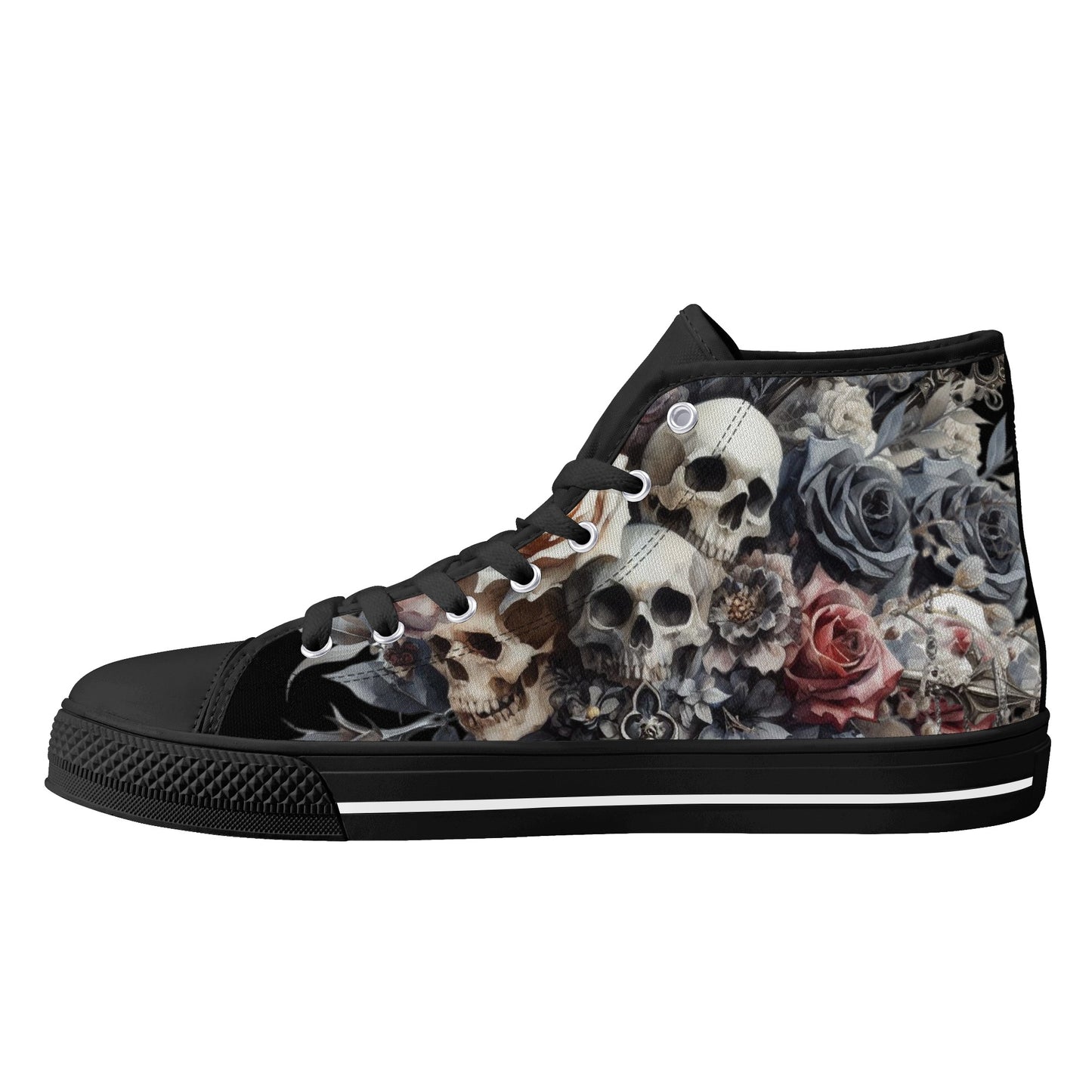 Gothic Skulls Mens High Top Canvas Shoes Floral