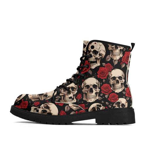 Skulls and Red Roses Mens Black Vegan Boots