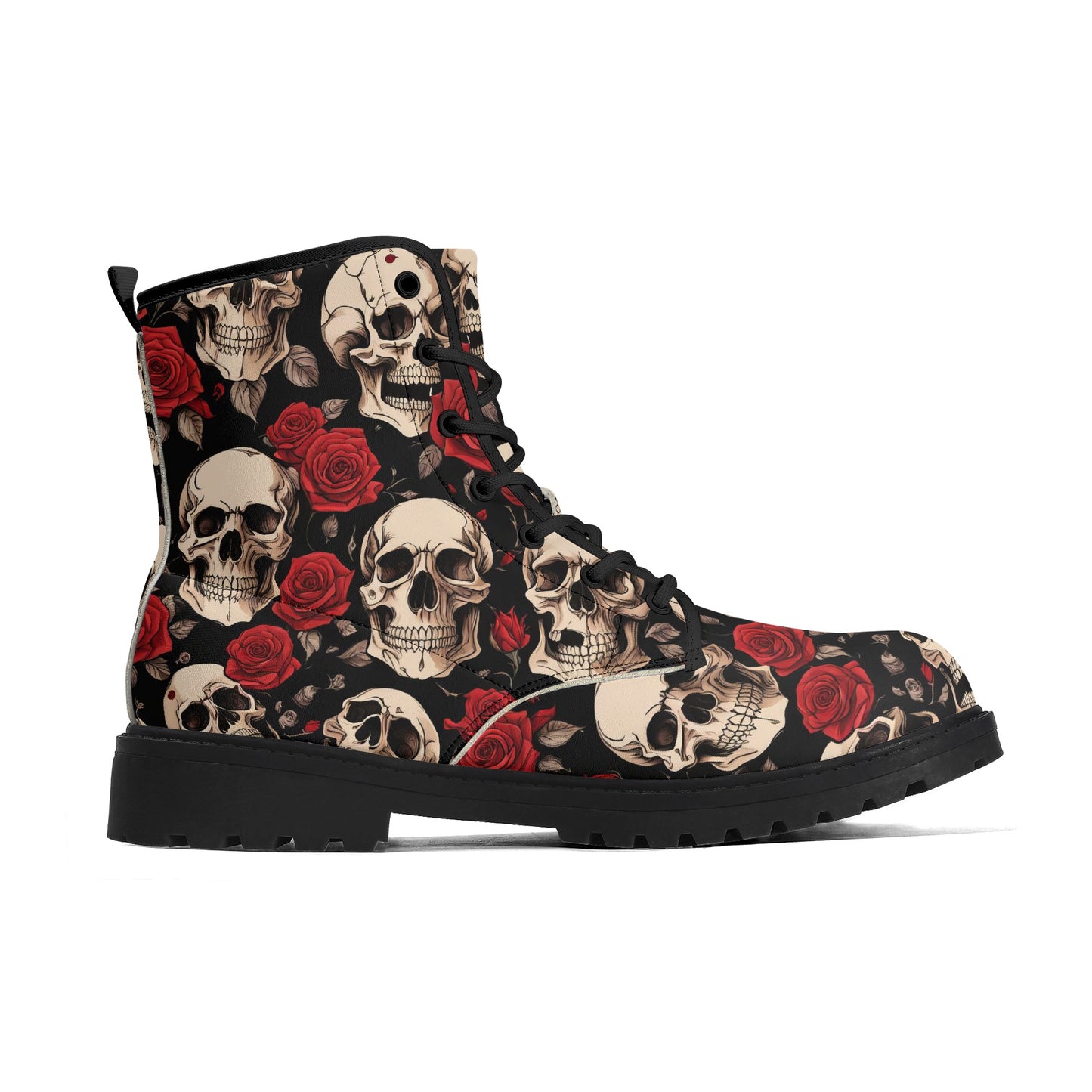 Skulls and Red Roses Mens Black Vegan Boots