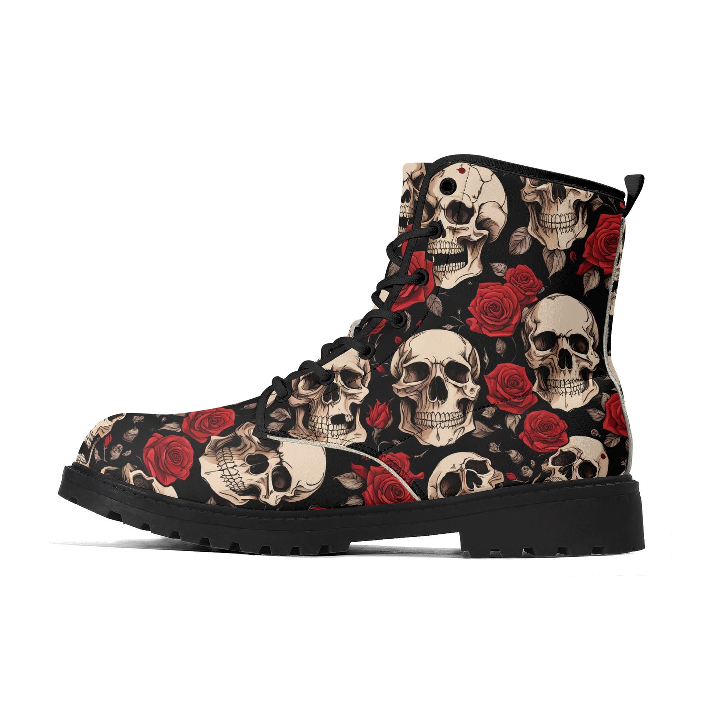 Skulls and Red Roses Mens Black Vegan Boots