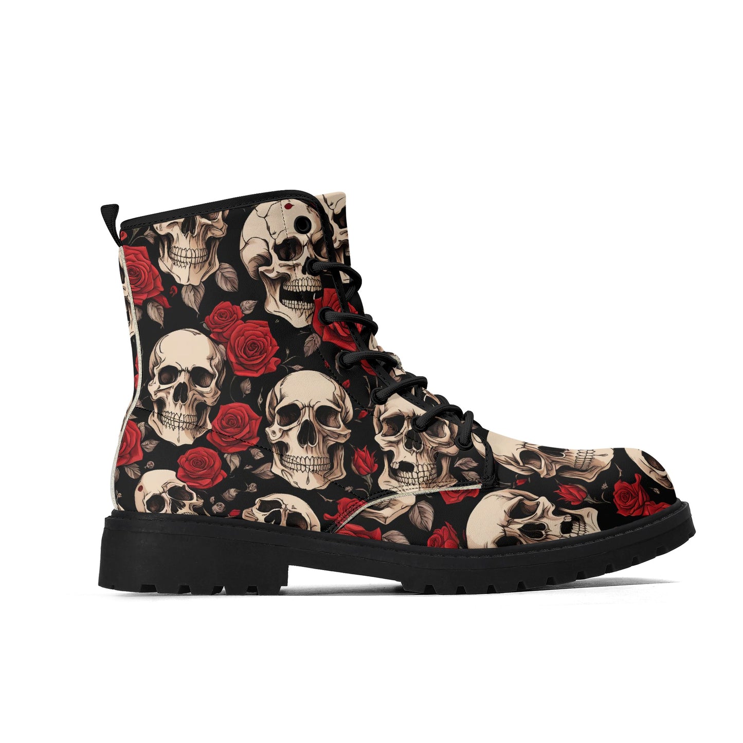 Skulls and Red Roses Mens Black Vegan Boots