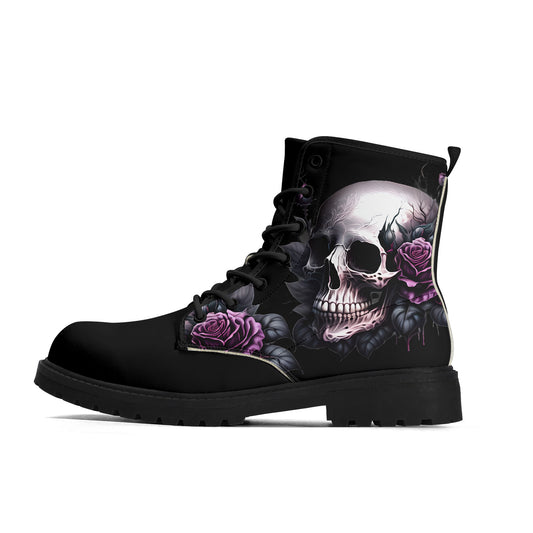 Gothic Skull with Purple Rose Mens Black Vegan Boots