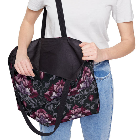 Gothic Red Damask Weekender Bag, Large Goth Floral Tote with Black Lining, Red-Violet Dark Vibes