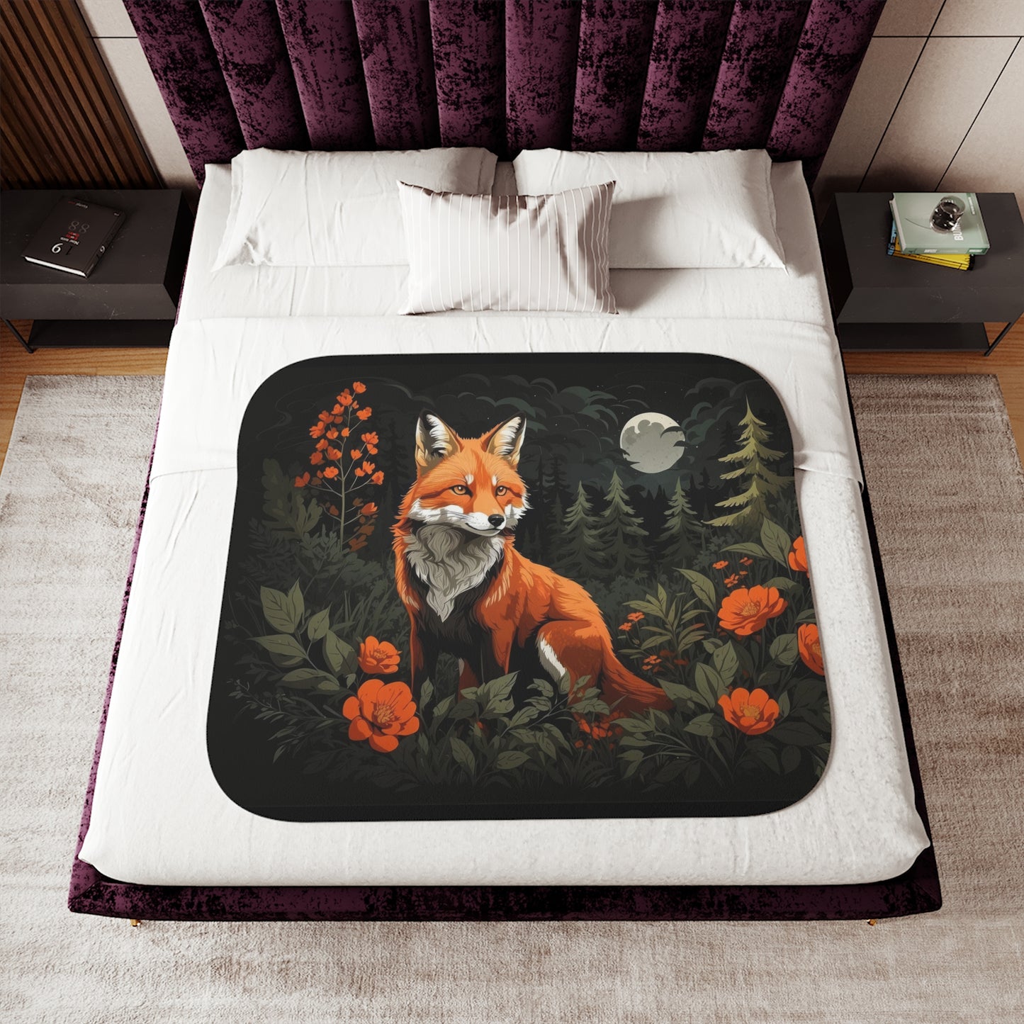 Fox and Flowers Sherpa Blanket, Cottagecore Floral Warm Cozy Blanket Orange and Gray