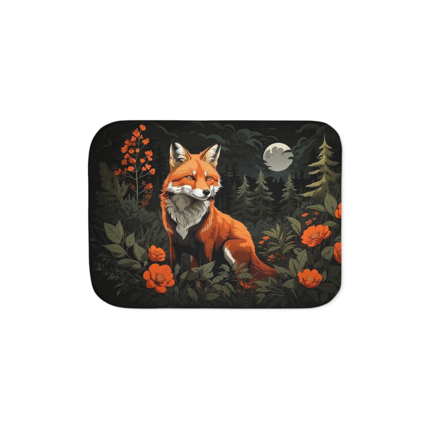 Fox and Flowers Sherpa Blanket, Cottagecore Floral Warm Cozy Blanket Orange and Gray