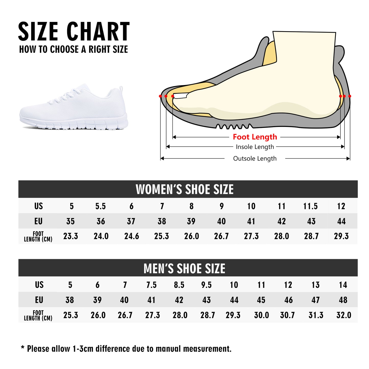 Mens EVA Mesh Running Shoes Size Chart