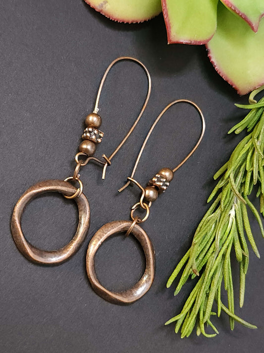 Playful Copper Earrings, Long Circles