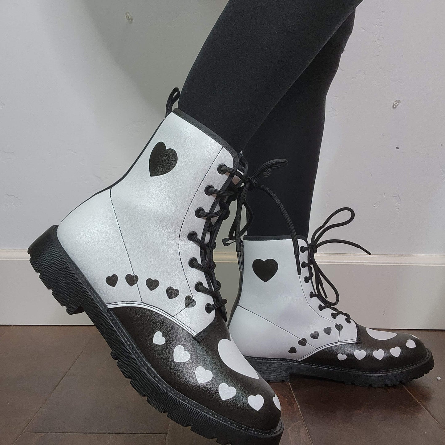 Black White Hearts Boots Combat Style (Size EU41 / Women's 10 / Men's Size 7