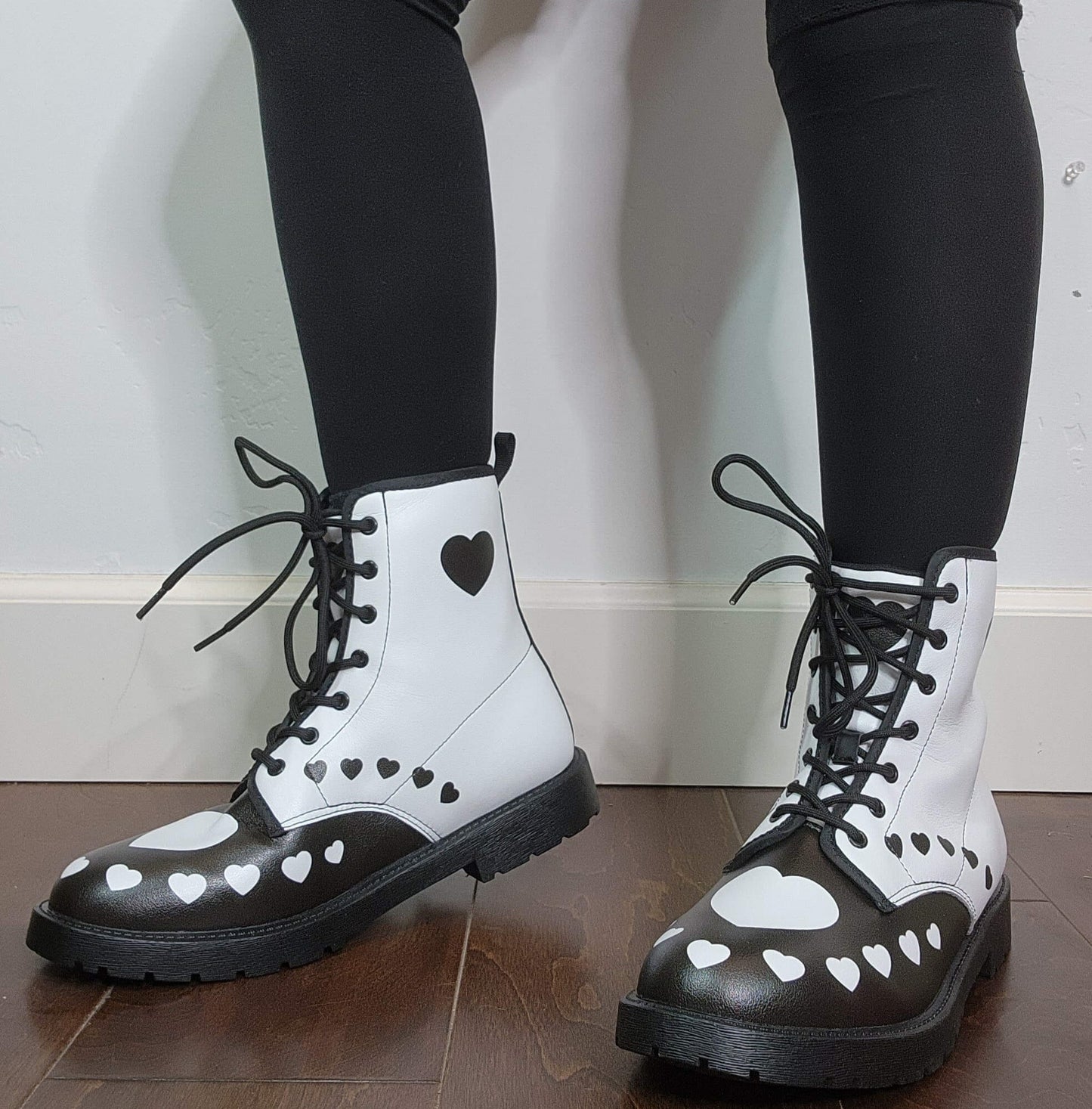 Black White Hearts Boots Combat Style (Size EU41 / Women's 10 / Men's Size 7