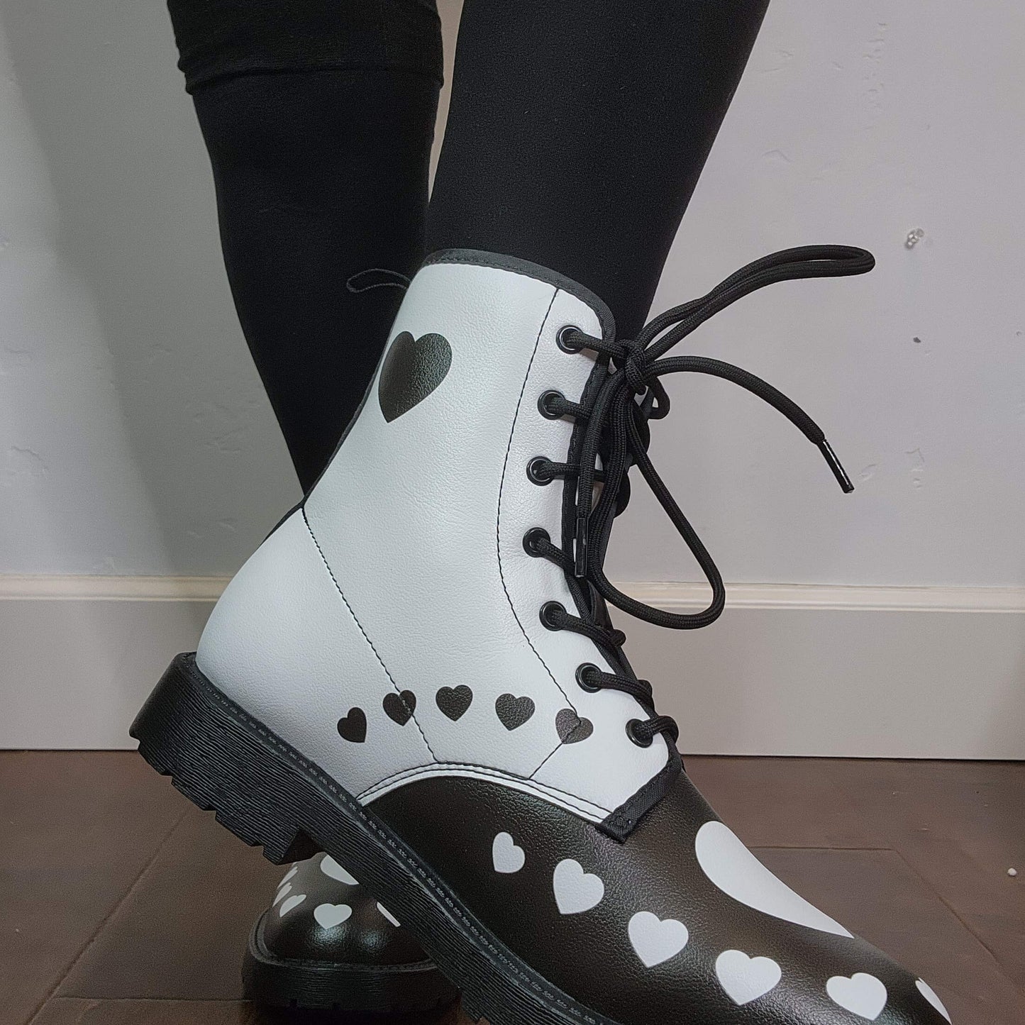 Black White Hearts Boots Combat Style (Size EU41 / Women's 10 / Men's Size 7