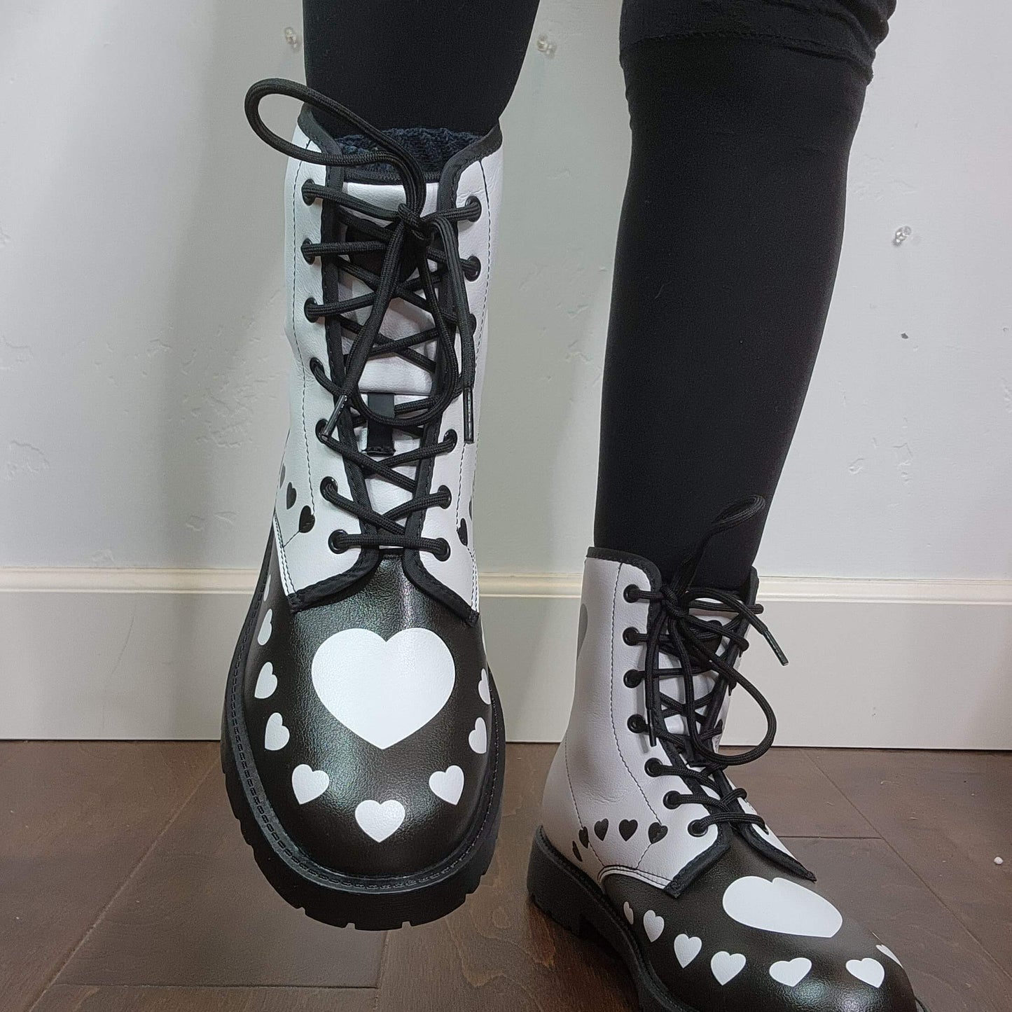 Black White Hearts Boots Combat Style (Size EU41 / Women's 10 / Men's Size 7