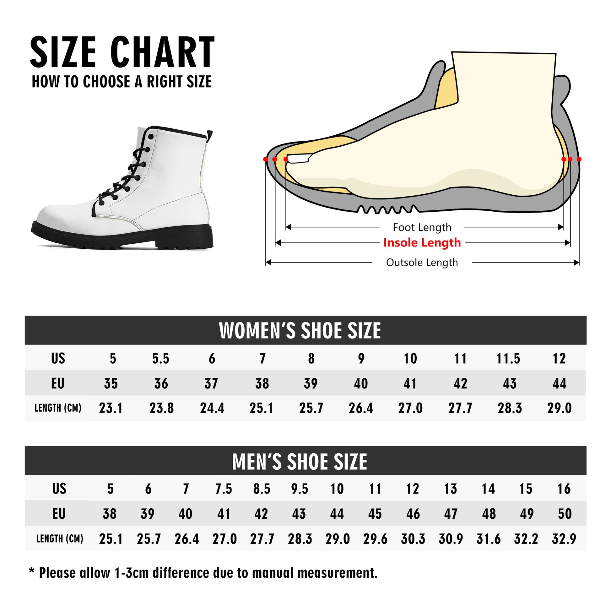 Size Chart for Men's Outsole Vegan Boots