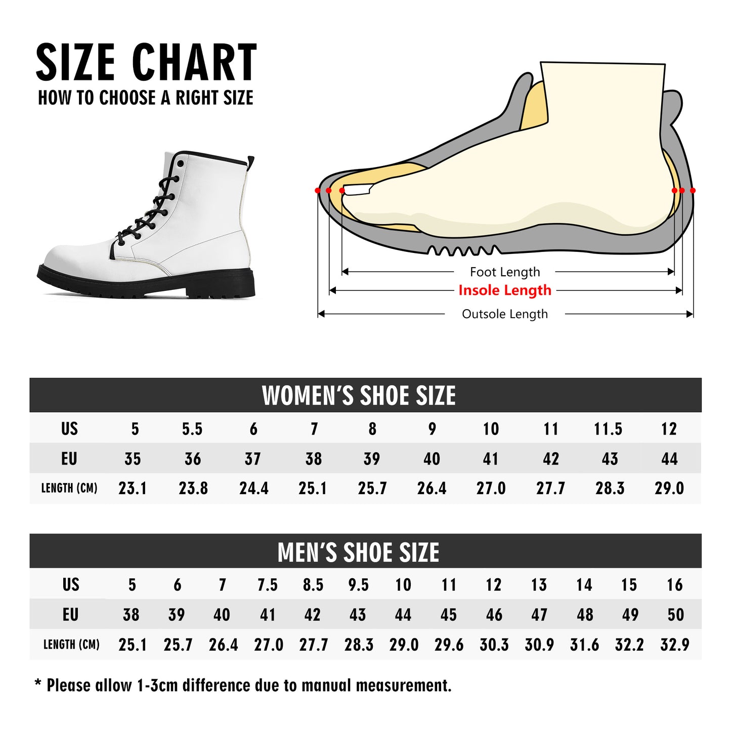 Womens Vegan Boots Size Chart
