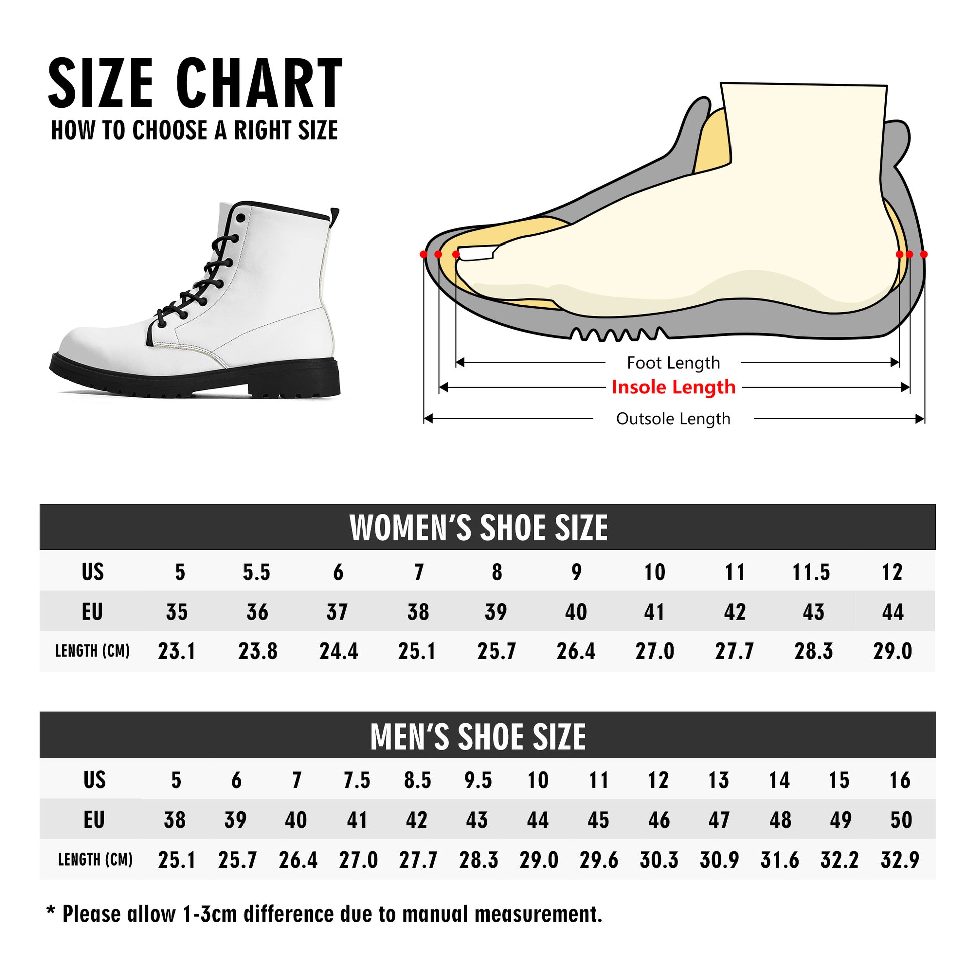 Womens Upgraded Black Vegan Boots Size Chart