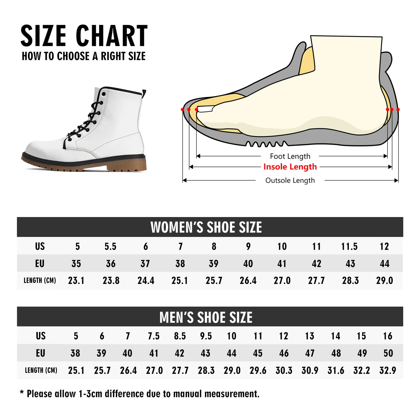 Womens Combat Boots Size Chart