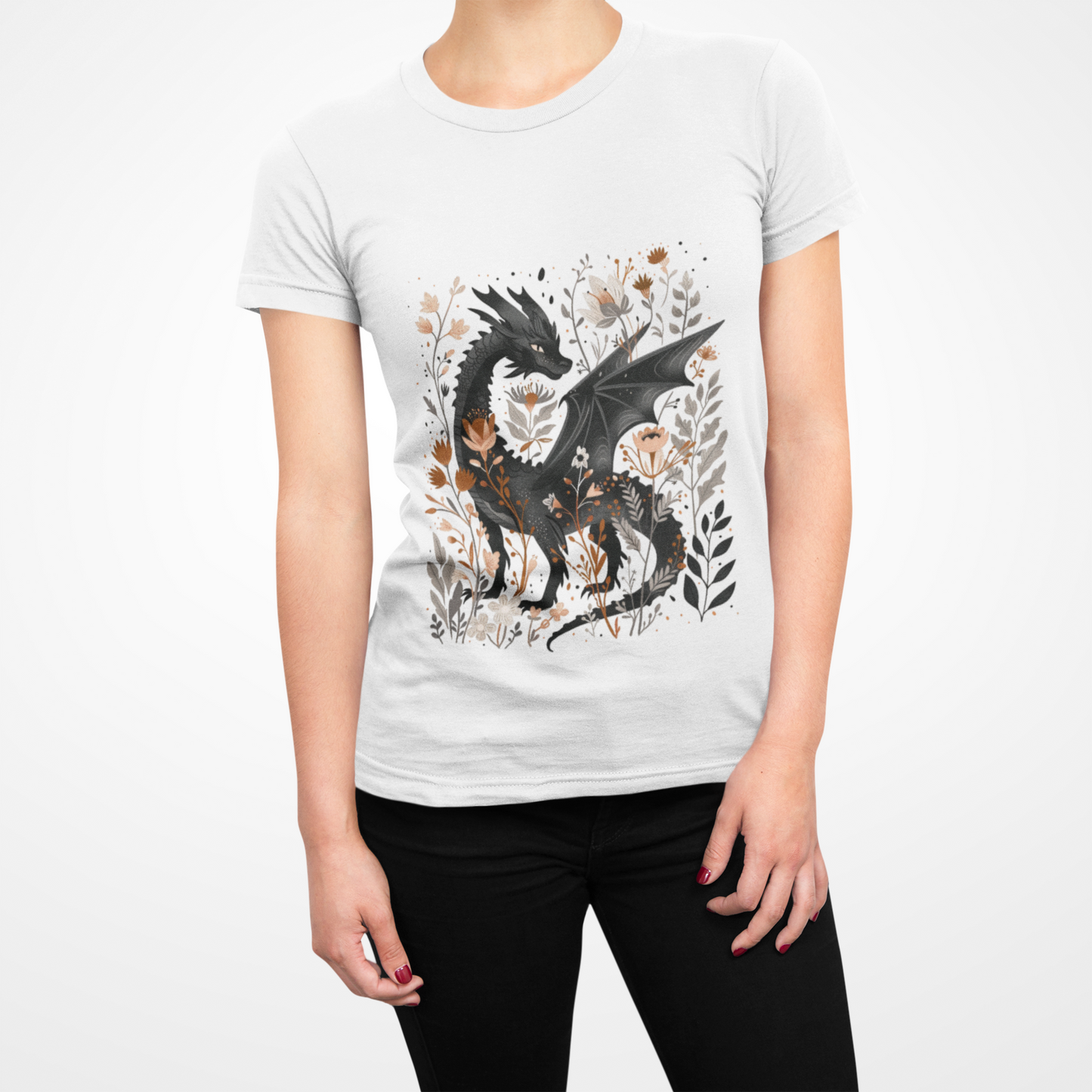 Mystical Dragon Floral Unisex Softstyle T-Shirt, White Tee