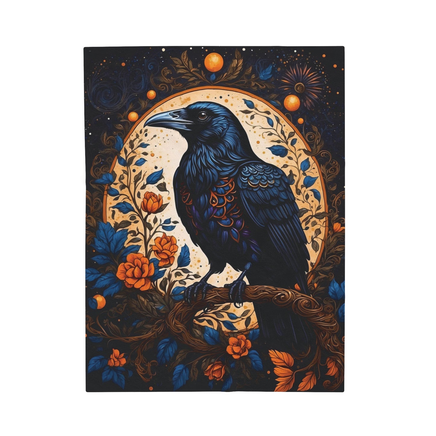 Raven with Orange Flowers Velveteen Plush Blanket
