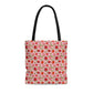Pink Red Strawberries Tote Bag, Polyester Canvas Tote Bag, Kawaii Fruit Shopping Bag, Reusable Tote