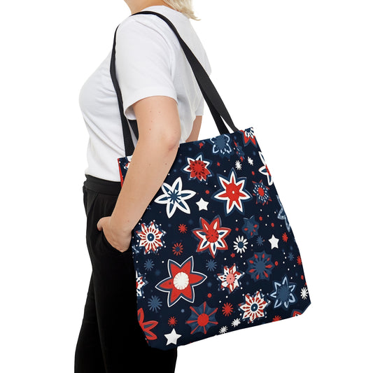 Patriotic Flowers Tote Bag, Red White Blue Canvas Tote Bag, Fourth of July Shopping Bag, Reusable Tote, Summer Tote, Fireworks