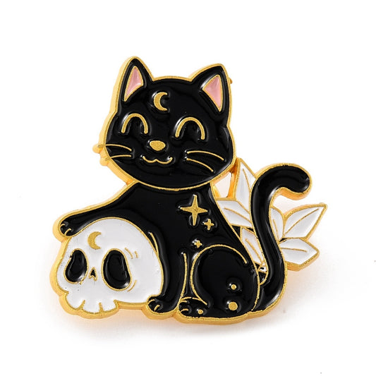Black Cat with Skull Enamel Pin Witchy