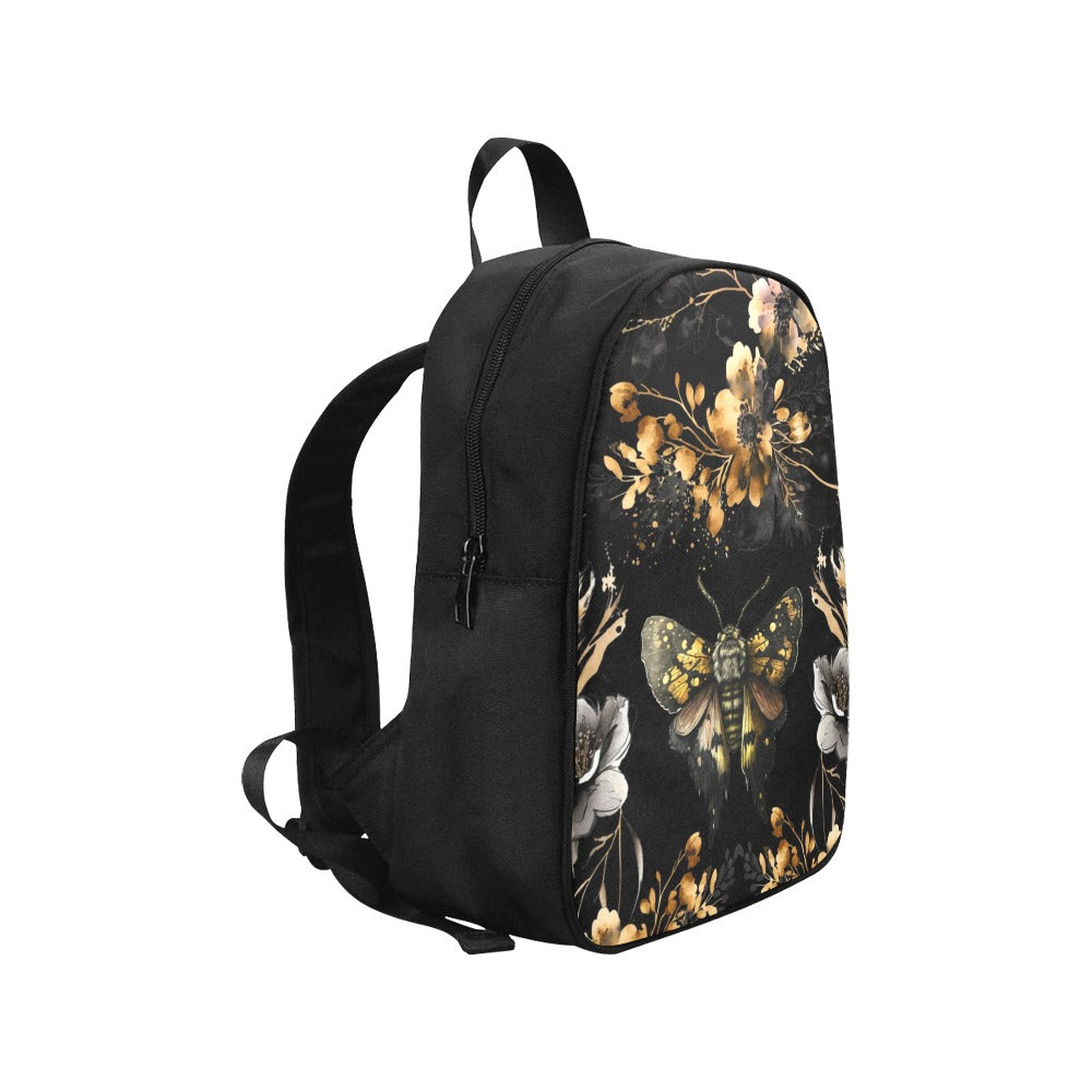 gold and black luna moth and flowers back pack