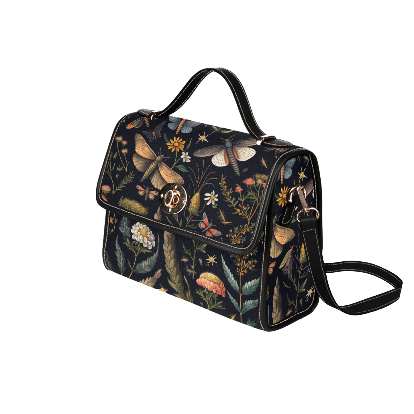 Botanical Moths Purse, Dragonflies Handbag, Cottagecore Canvas Satchel bag, Witchy Purse