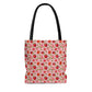 Pink Red Strawberries Tote Bag, Polyester Canvas Tote Bag, Kawaii Fruit Shopping Bag, Reusable Tote
