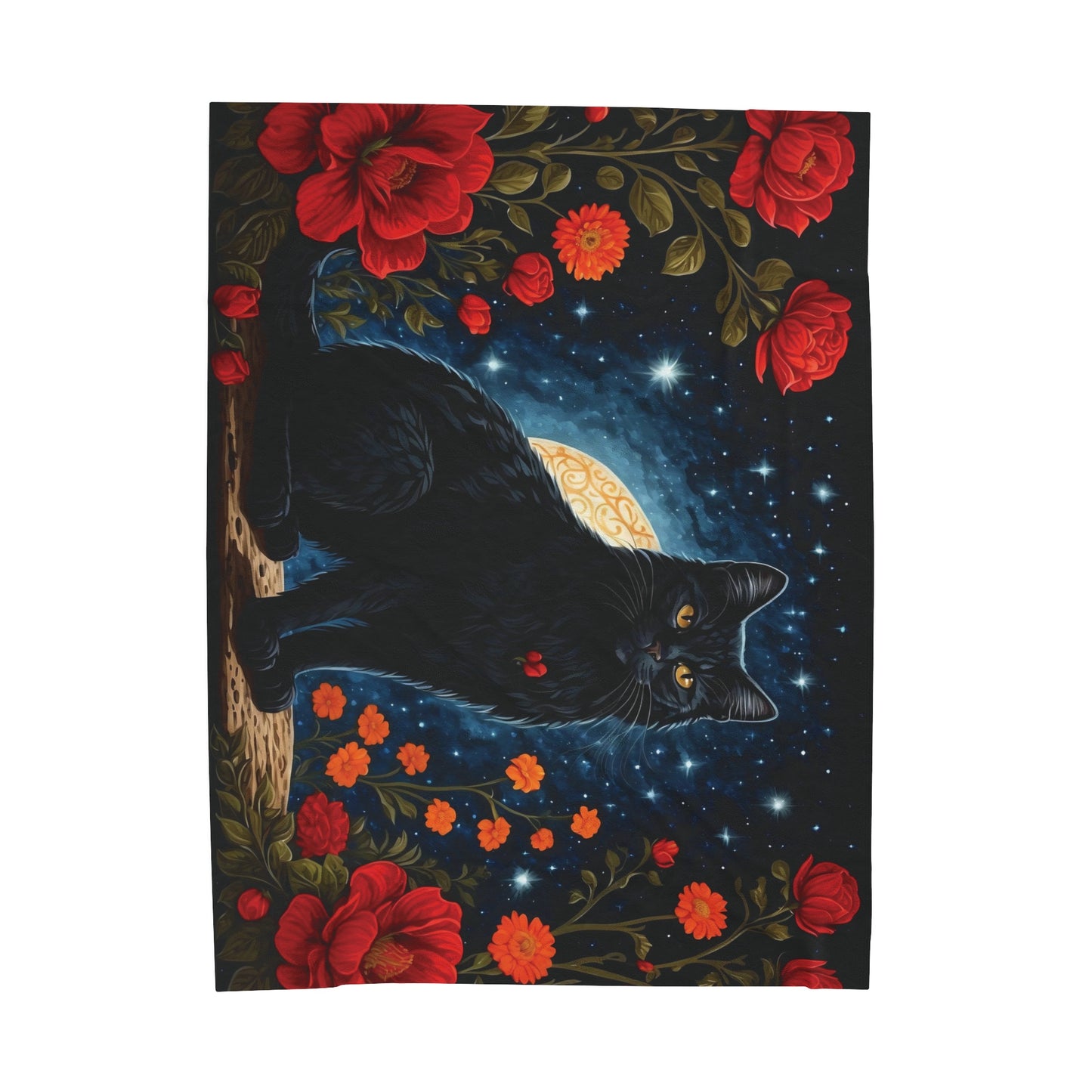 Black Cat with Red Flowers Velveteen Plush Blanket