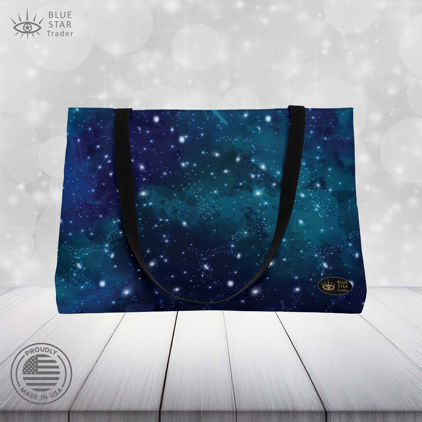 Blue Galaxy Weekender Bag, 24 Inch Large Tote with Black Lining, Celestial Stars Beach Bag