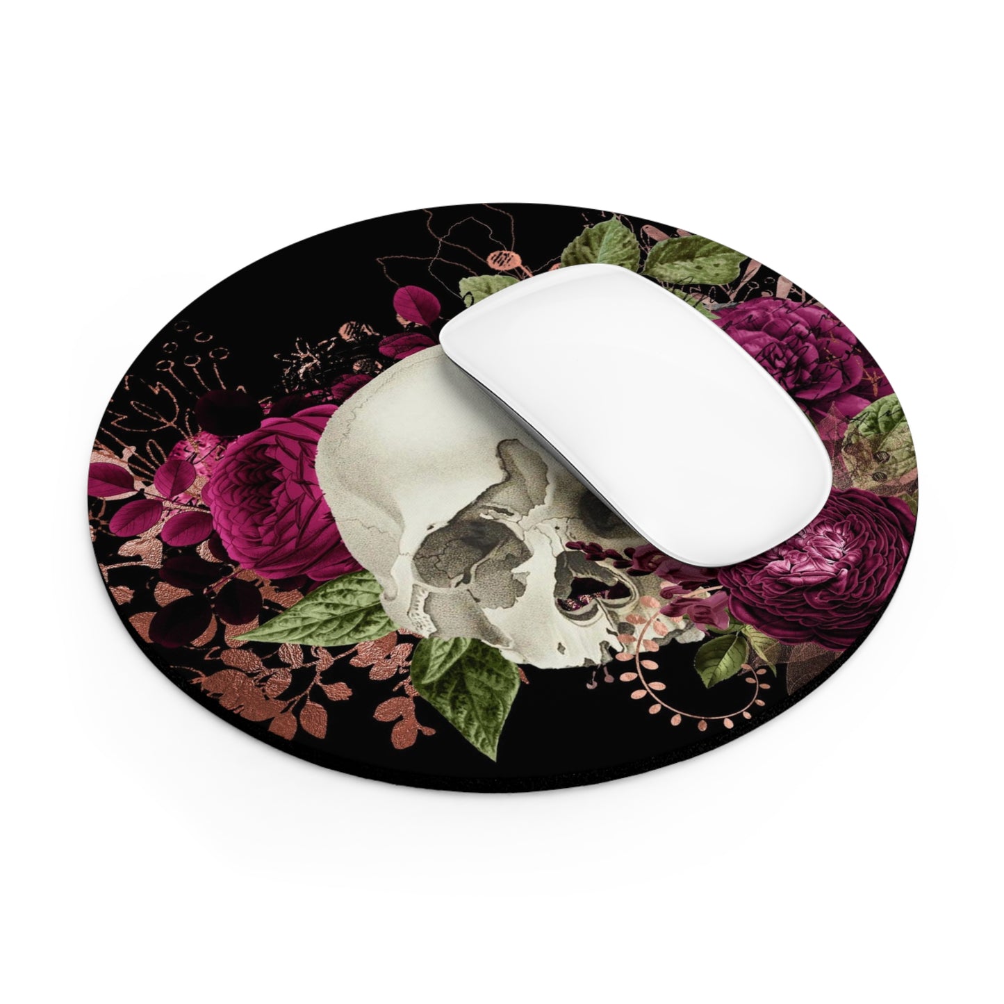 Gothic Skull and Violet Flowers Mouse Pad (Round or Rectangle) Cute Floral Office Accessories