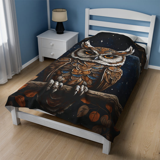 Brown Owl with Blue Velveteen Plush Blanket