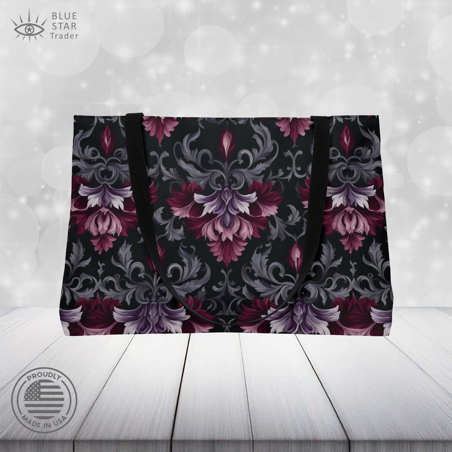 Gothic Red Damask Weekender Bag, Large Goth Floral Tote with Black Lining, Red-Violet Dark Vibes