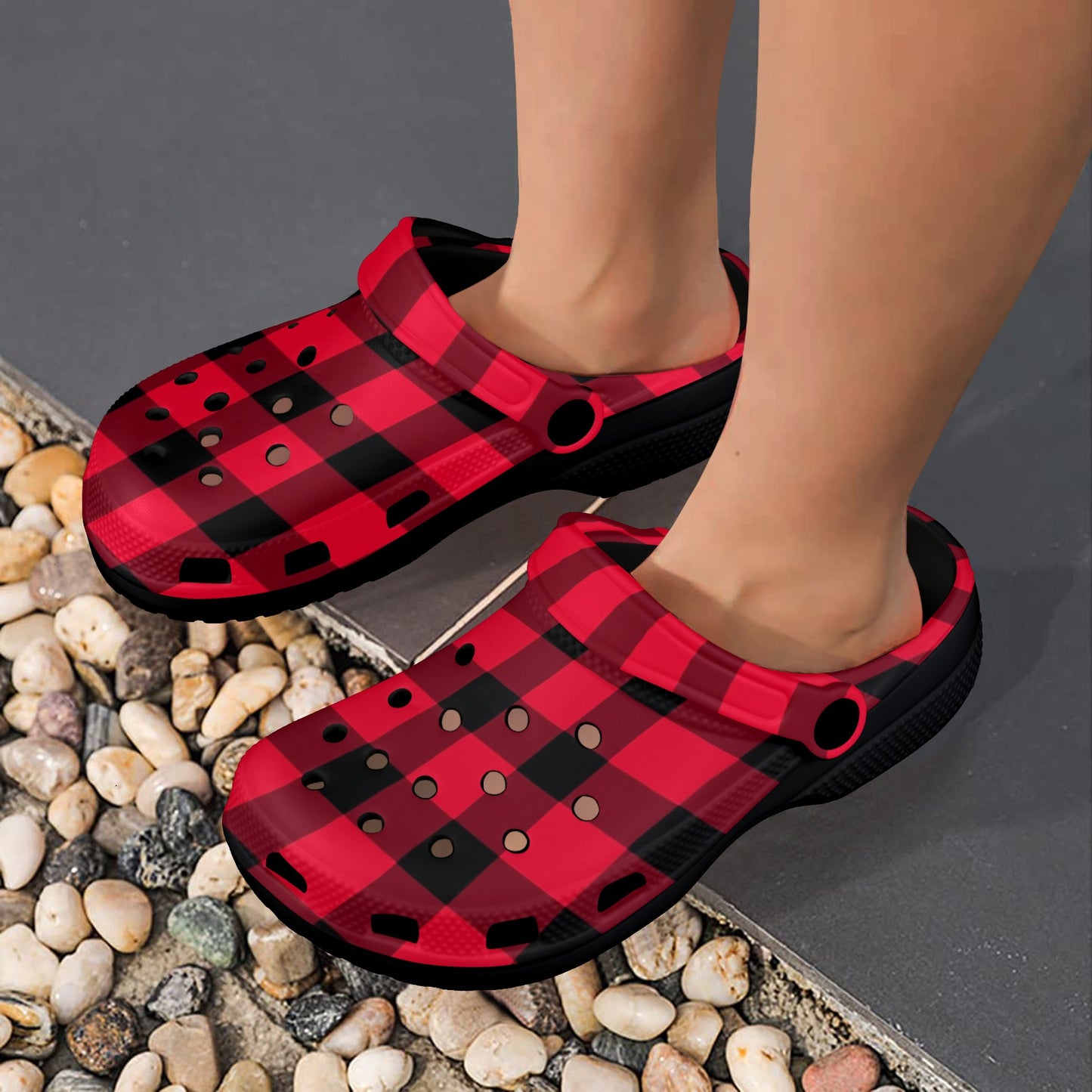 Buffalo Plaid Clogs, Red Black Adult Shoes