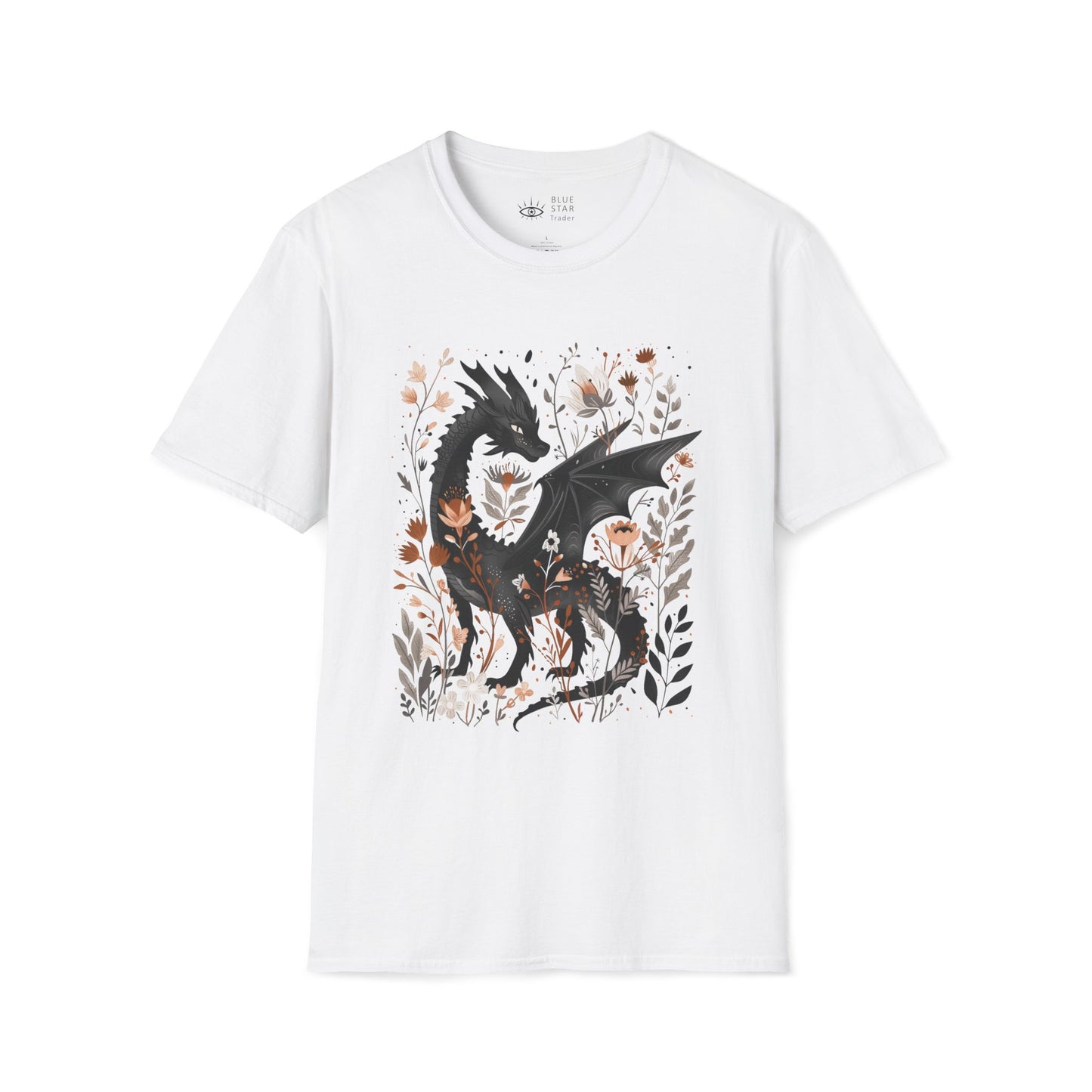 Mystical Dragon Floral Unisex Softstyle T-Shirt, White Tee