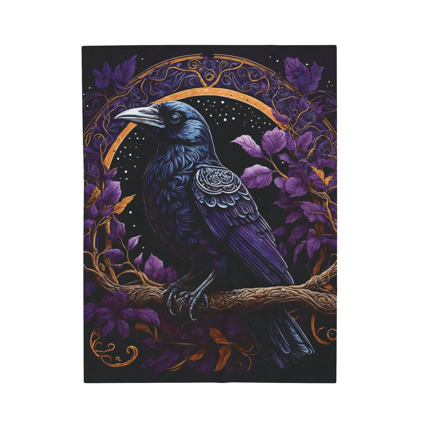 Raven with Purple Flowers Velveteen Plush Blanket