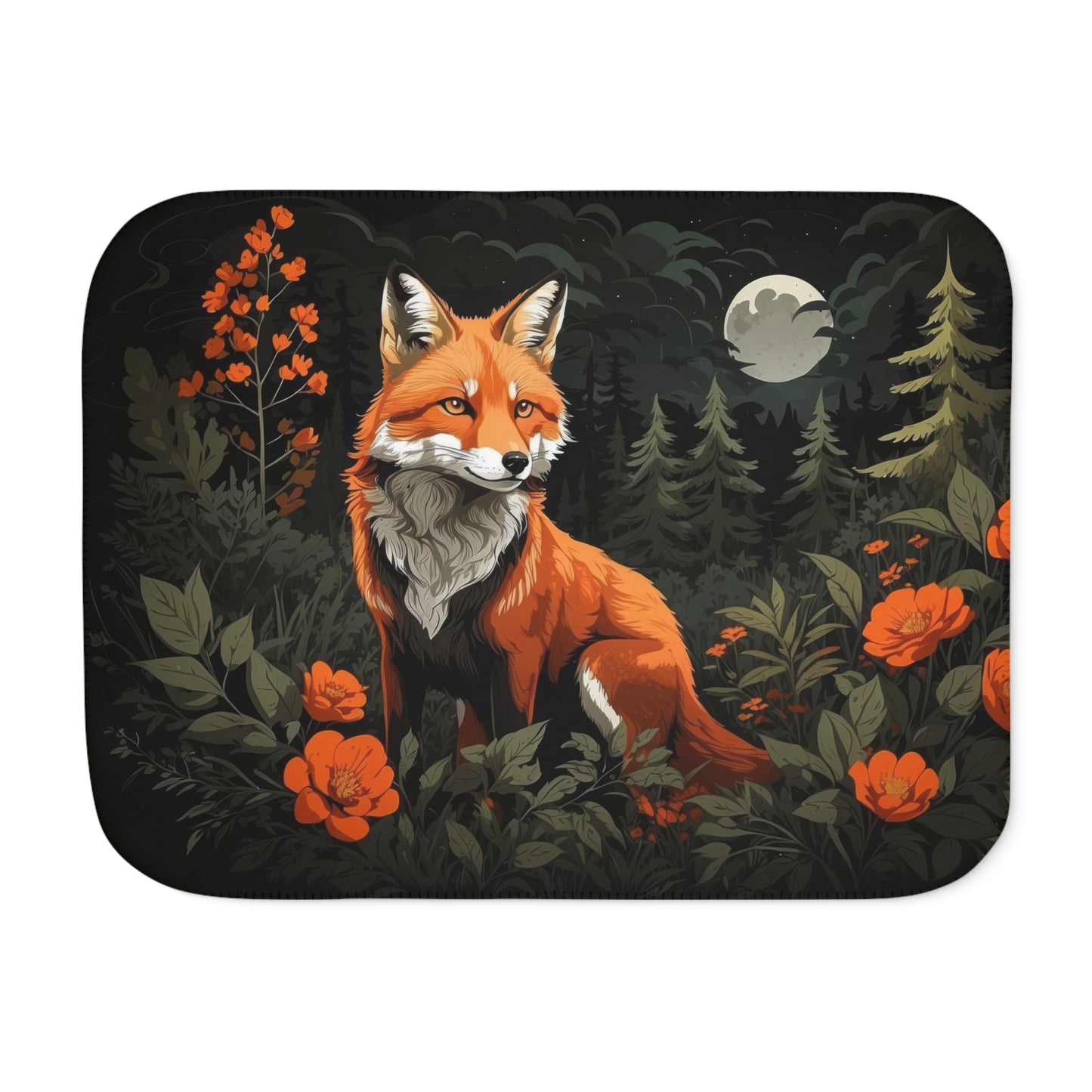 Fox and Flowers Sherpa Blanket, Cottagecore Floral Warm Cozy Blanket Orange and Gray