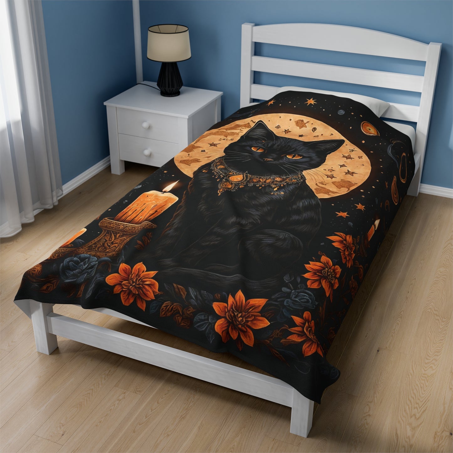 Witchy Black Cat and Orange Flowers Velveteen Plush Blanket
