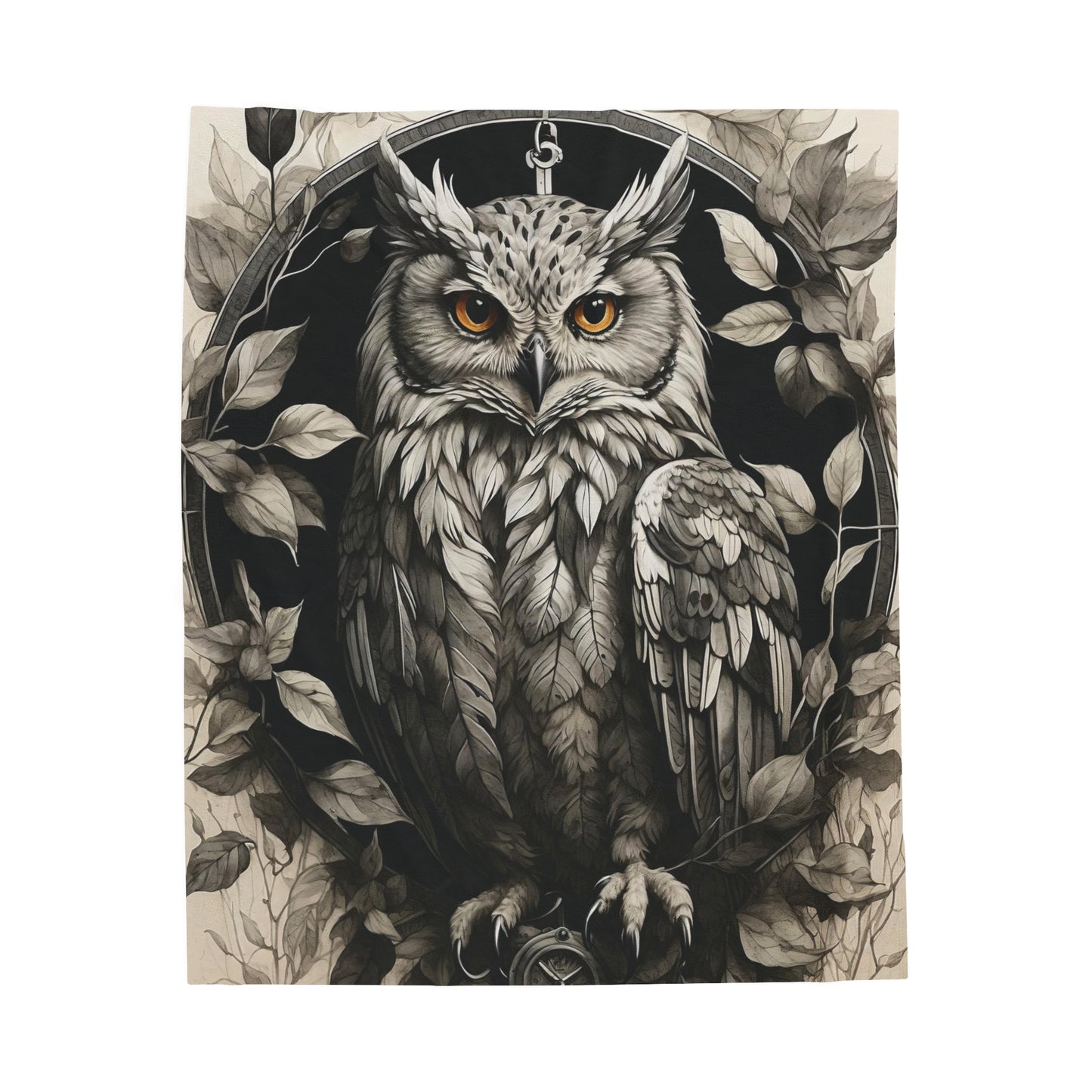 Gray Owl Velveteen Plush Blanket with Compass and Leaves