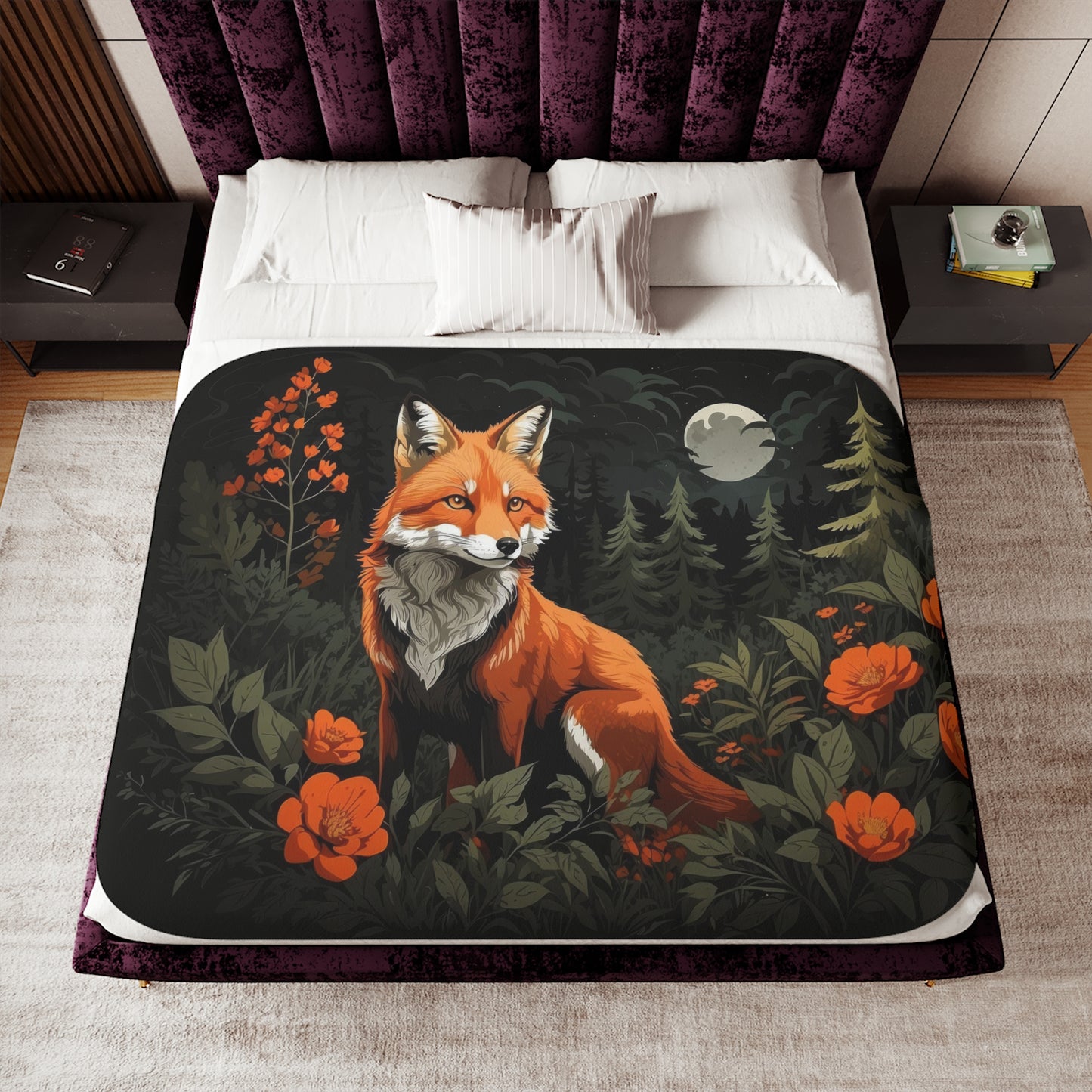 Fox and Flowers Sherpa Blanket, Cottagecore Floral Warm Cozy Blanket Orange and Gray
