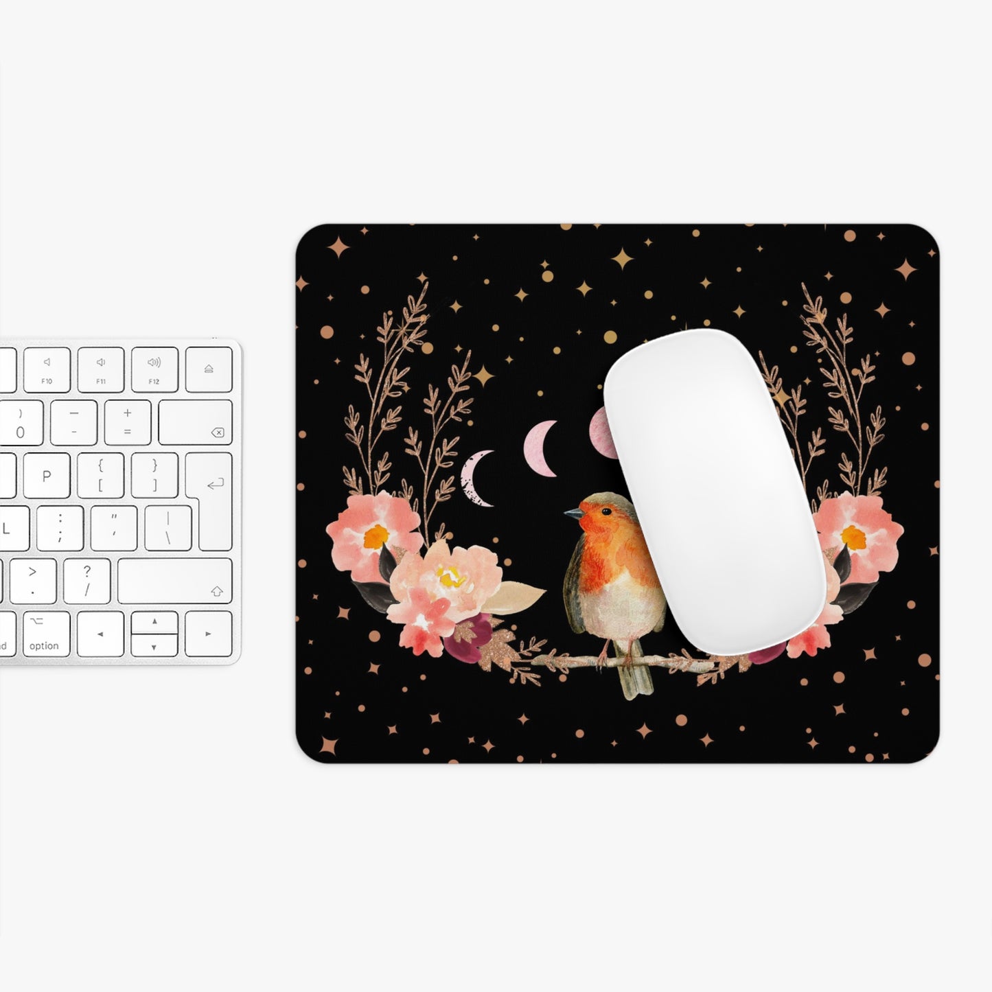 Orange Songbird Peach Flowers Mouse Pad (Round or Rectangle) Cute Floral Office Accessories