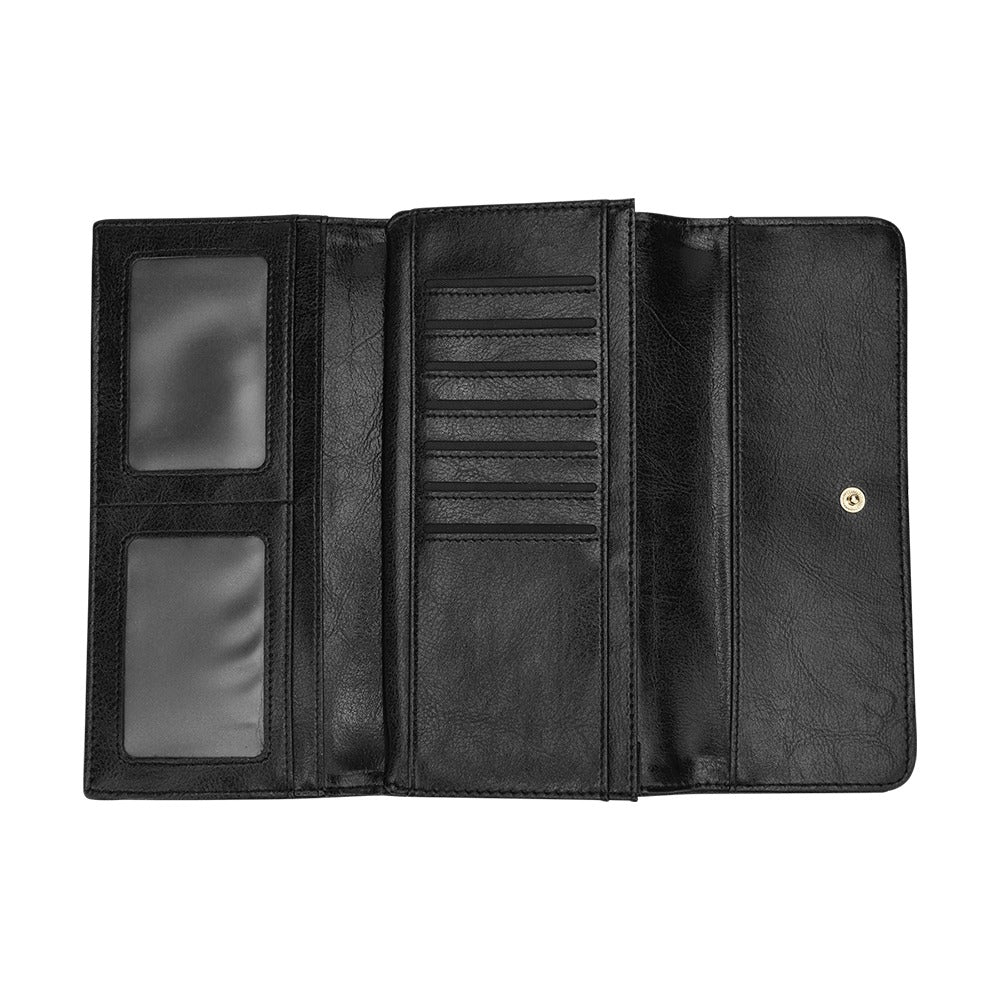 Moon and Lotus Flower Black Trifold Wallet Womens 7.5 Inch