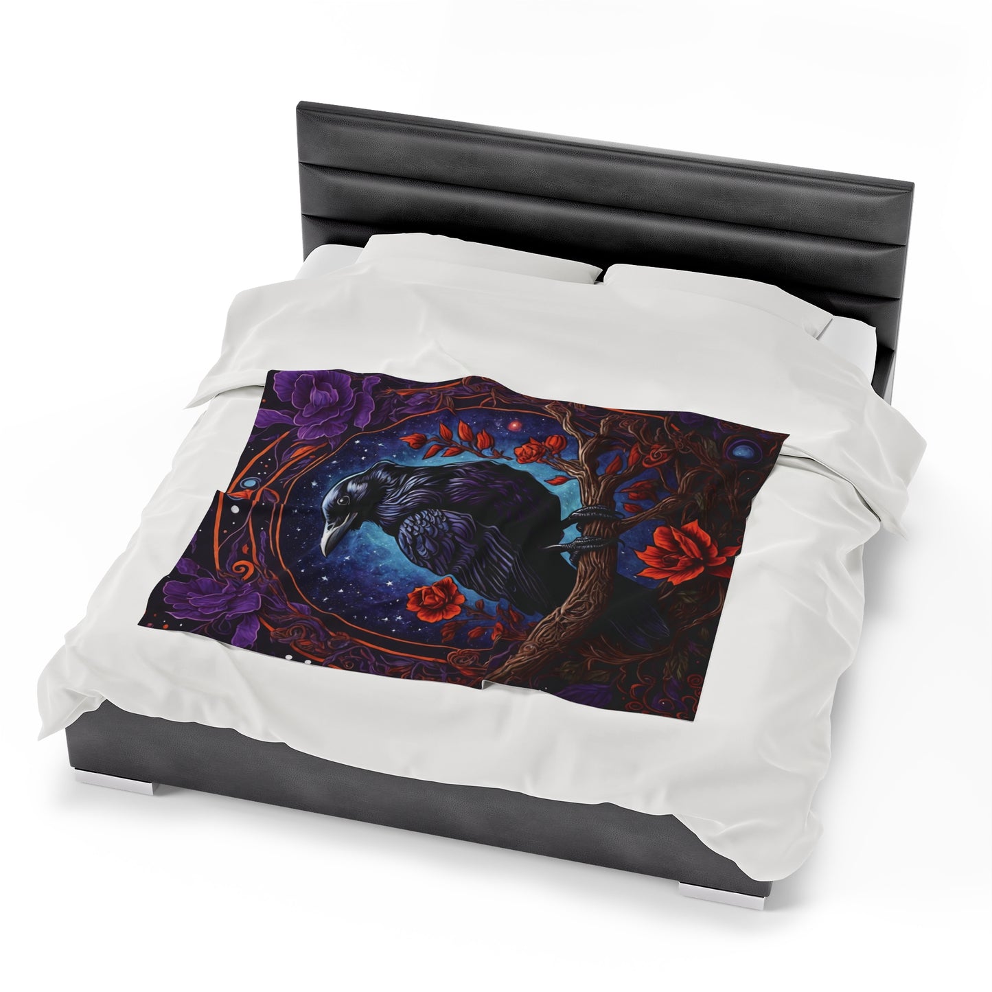 Raven with Red and Purple Flowers Velveteen Plush Blanket Blue