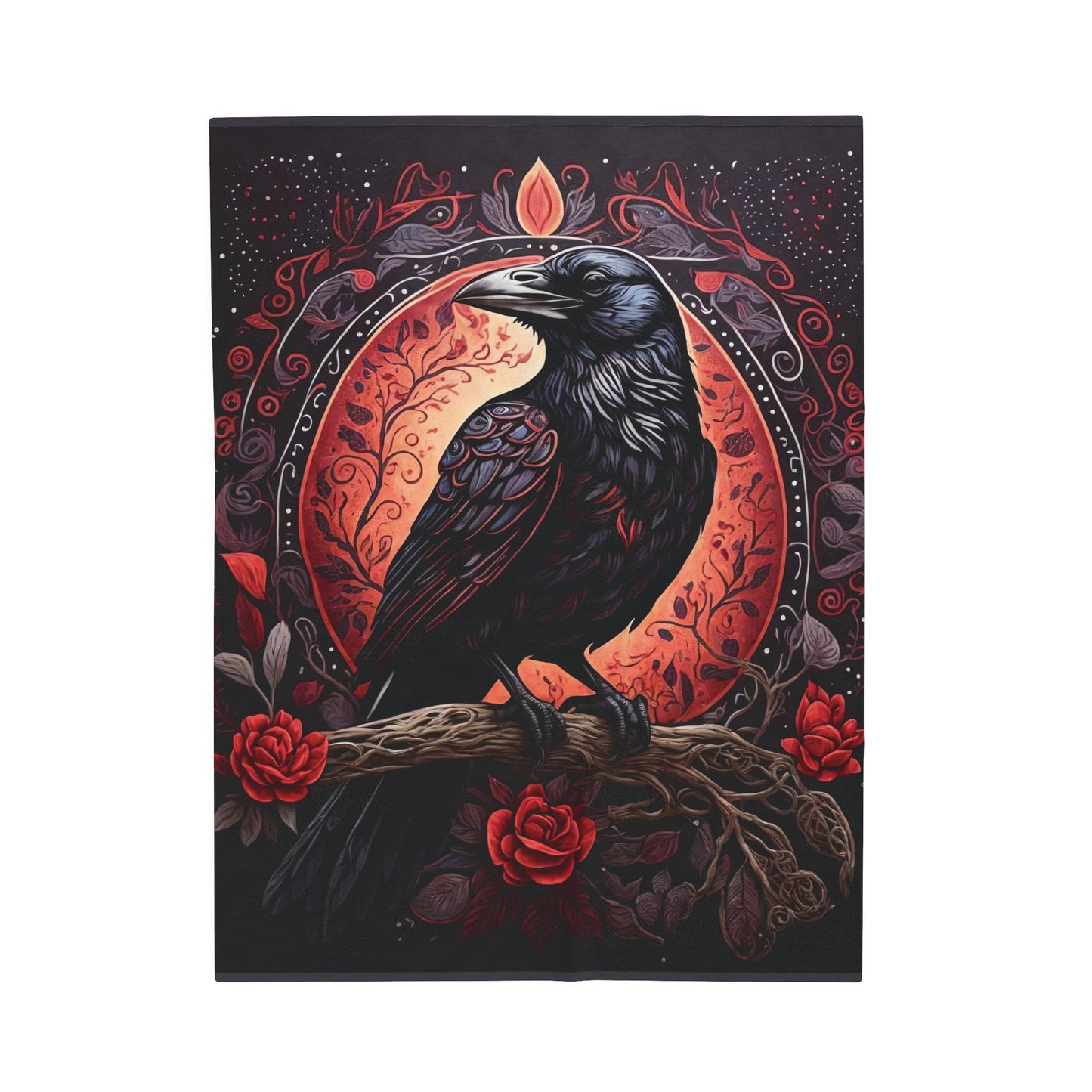 Raven with Flowers Velveteen Plush Blanket Red and Gray