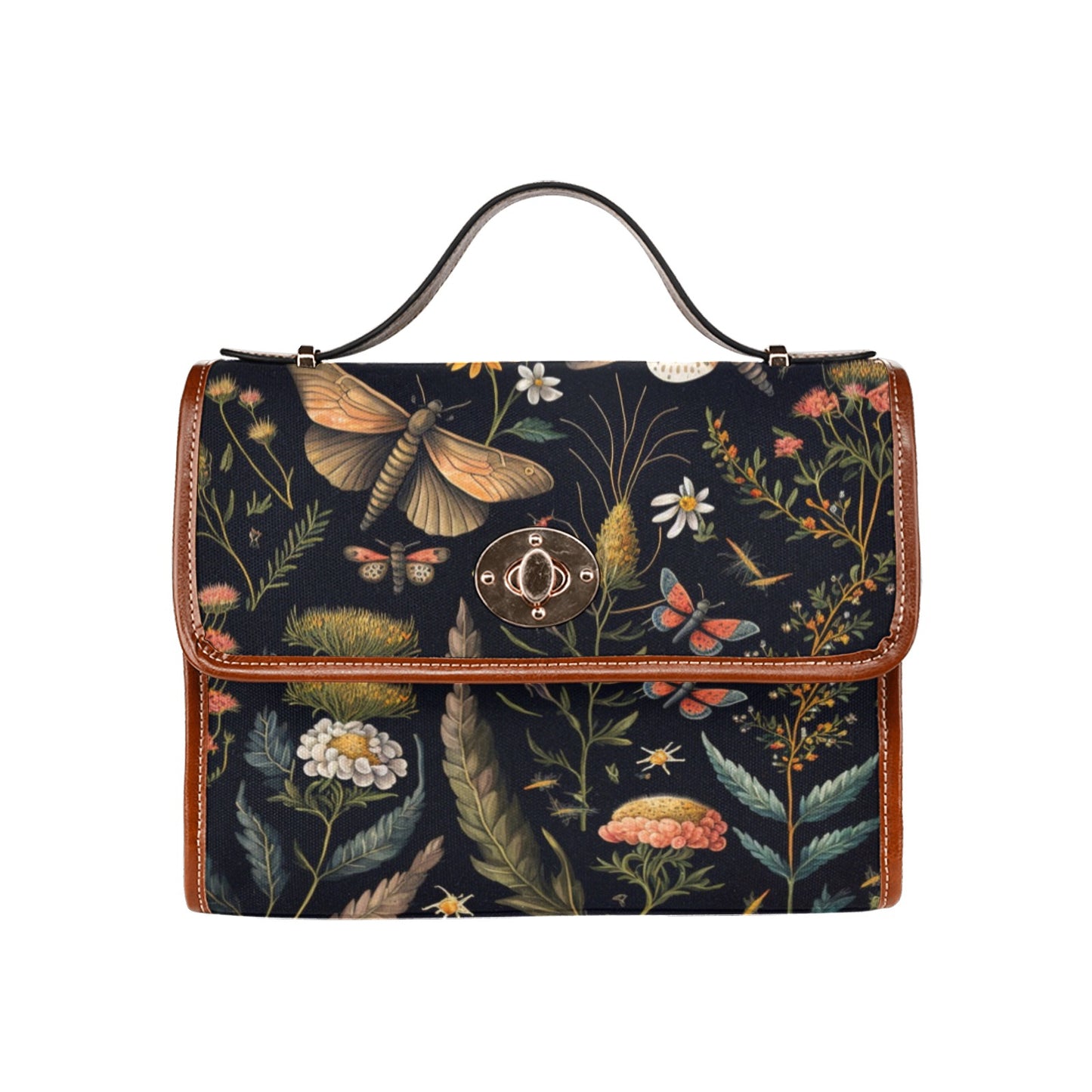 Botanical Moths Purse, Dragonflies Handbag, Cottagecore Canvas Satchel bag, Witchy Purse