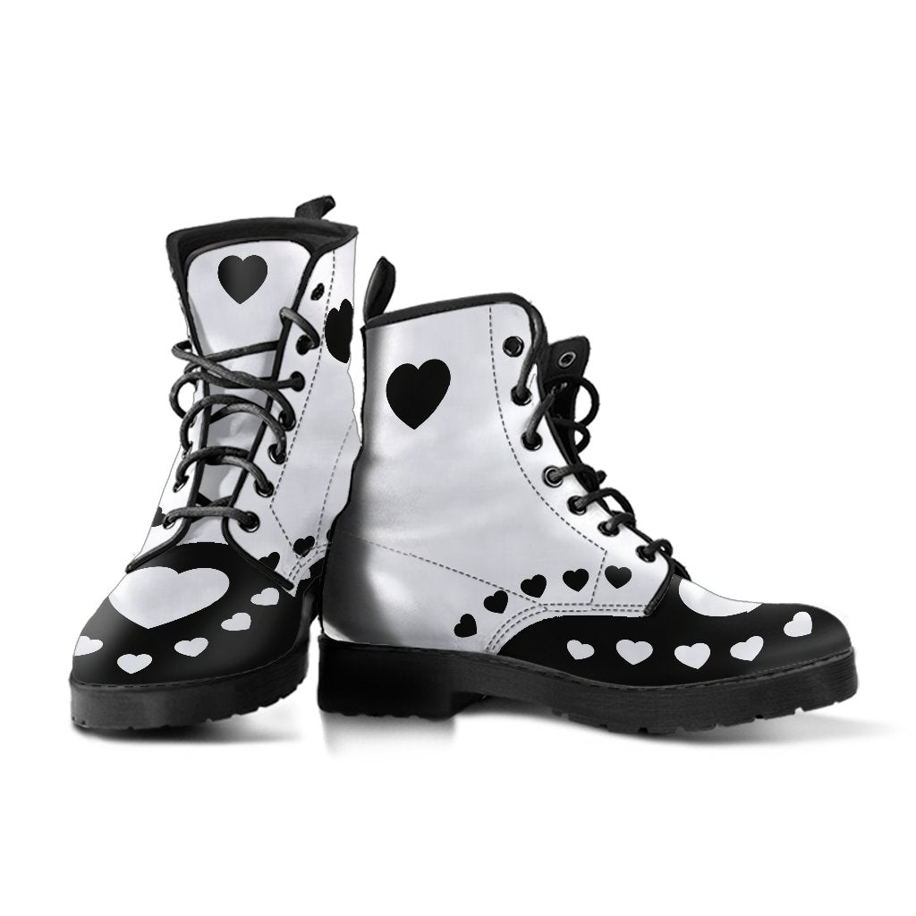 Black White Hearts Boots Combat Style (Size EU41 / Women's 10 / Men's Size 7