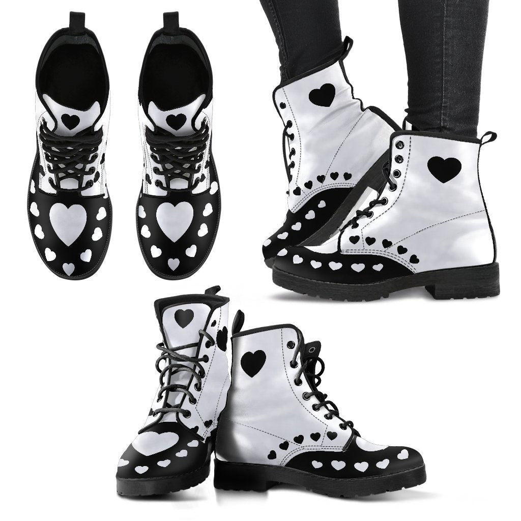 Black White Hearts Boots Combat Style (Size EU41 / Women's 10 / Men's Size 7