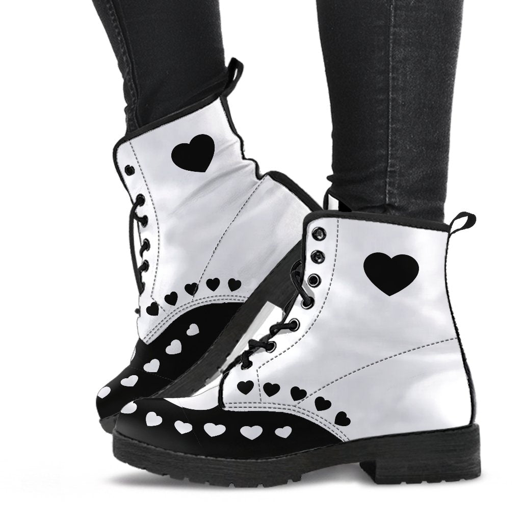 Black White Hearts Boots Combat Style (Size EU41 / Women's 10 / Men's Size 7