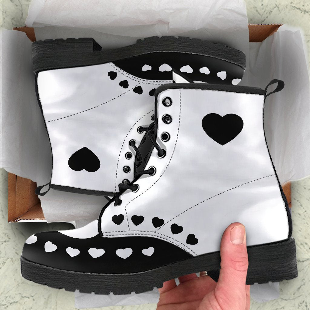 Black White Hearts Boots Combat Style (Size EU41 / Women's 10 / Men's Size 7